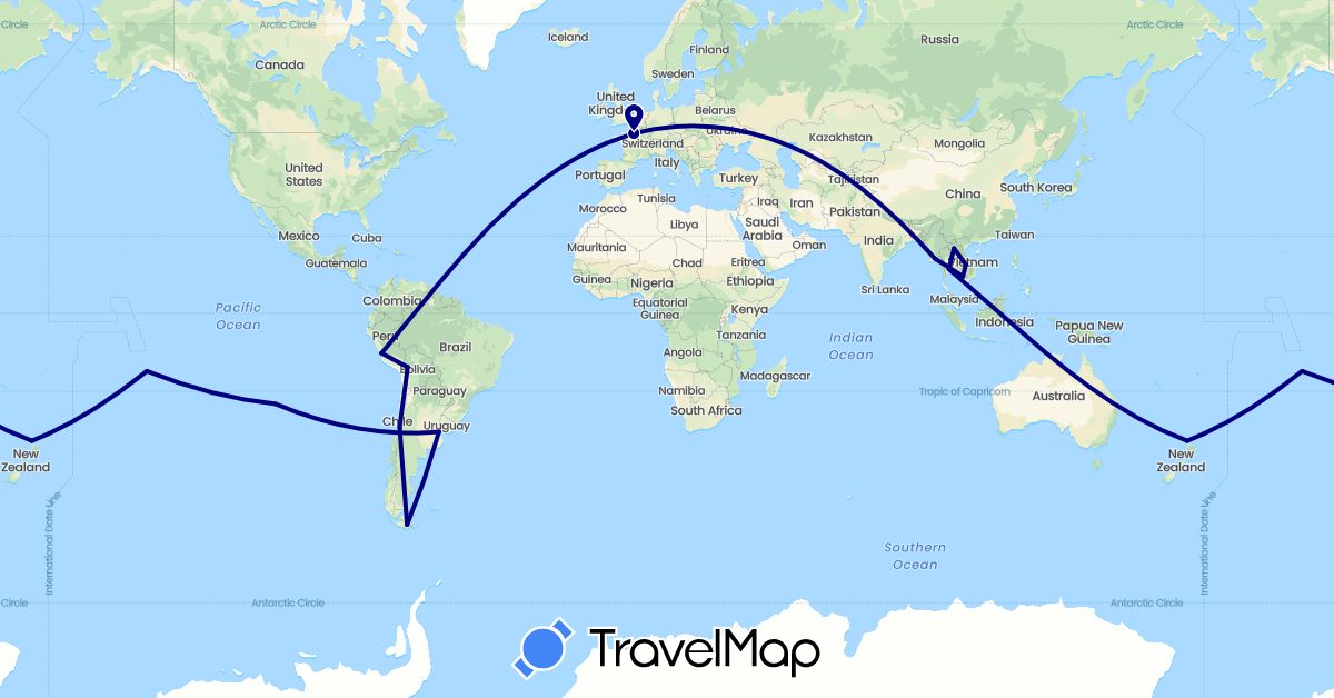 TravelMap itinerary: driving in Argentina, Bolivia, Chile, France, Cambodia, Laos, Myanmar (Burma), New Zealand, Peru, French Polynesia, Thailand (Asia, Europe, Oceania, South America)